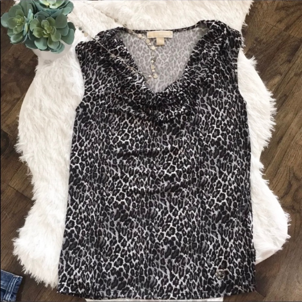 Michael Michael Kors leopard sleeveless black gray draped neck top size Medium